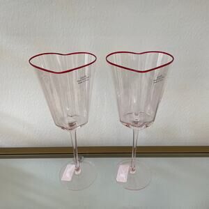 Pink Heart Shaped Wine Glasses with Red Rim Valentines Day Set of 2 NEW